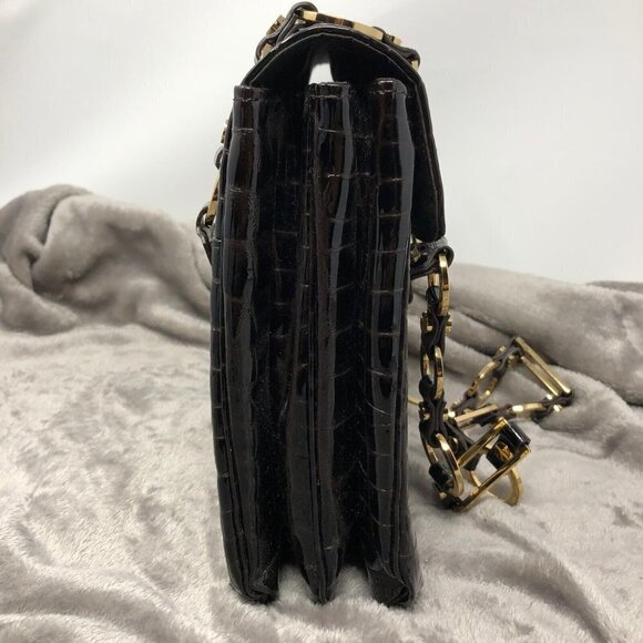 Tory Burch Retired Dark Brown Patent Leather Croc Embossed Gold Hardware Bag - Picture 6 of 12